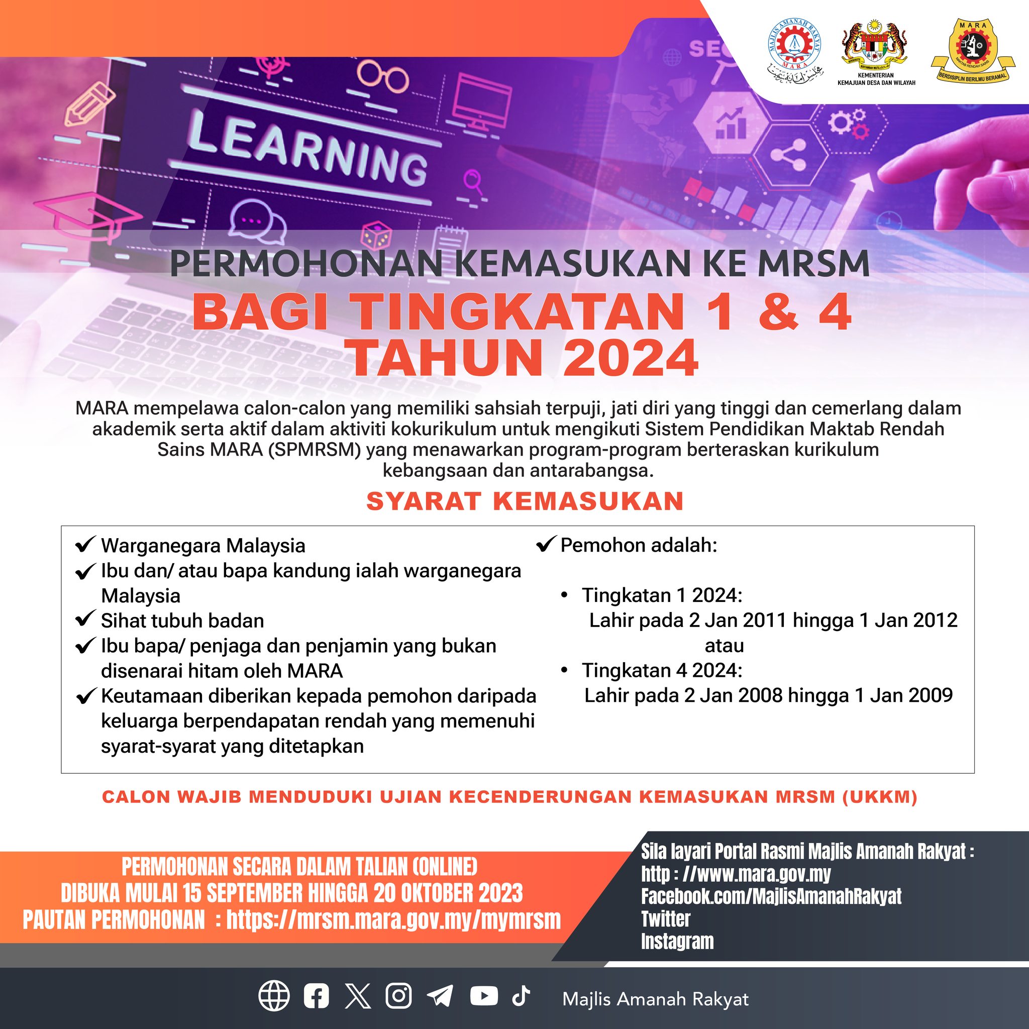 PERMOHONAN KEMASUKAN KE MRSM BAGI TINGKATAN 14 TAHUN 2024